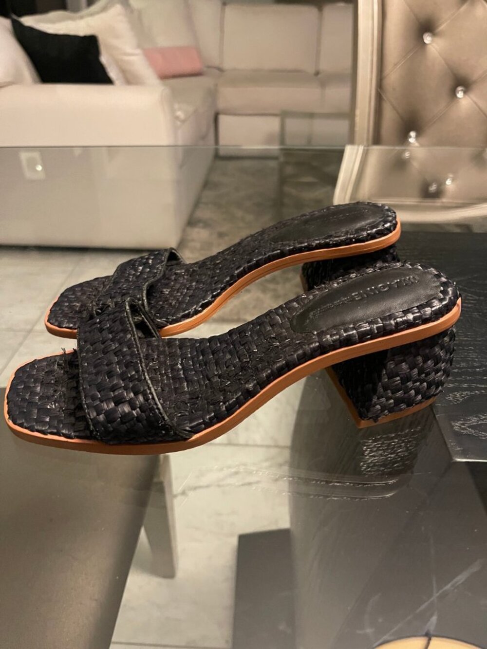 Imagine by Vince Camuto Black Woven Raffia Block Heel Mules Sz 8 $139 Retail